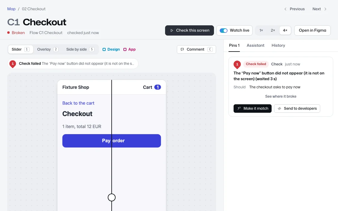 The review canvas for the Checkout screen: the design and the app split by a slider, and a pin that says the Pay now button did not appear.