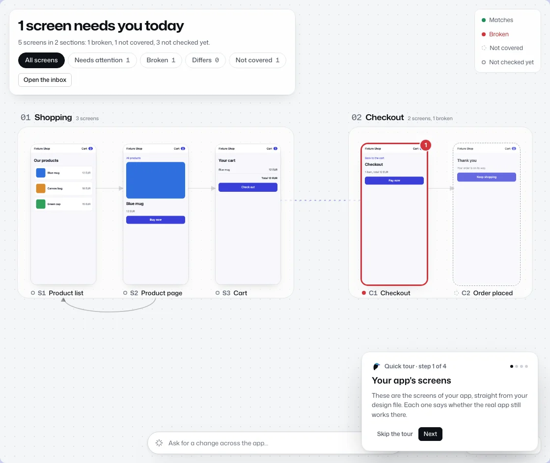 The first screen an invited person sees: the journey map with a quick tour card, step 1 of 4, titled Your app's screens.