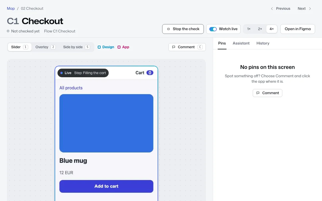 A check running live on the Checkout screen. A Live label shows the current step: Filling the cart.